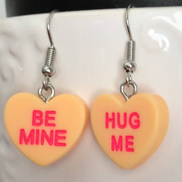 New Valentine’s Day Conversation Heart Earrings Orange Peach Cute Fun Kids Candy - Picture 2 of 3